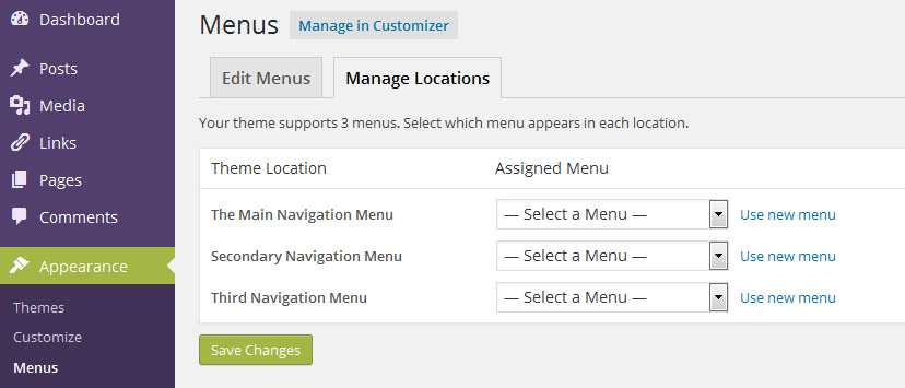Manage Locations Tab in WordPress Dashboard Menus