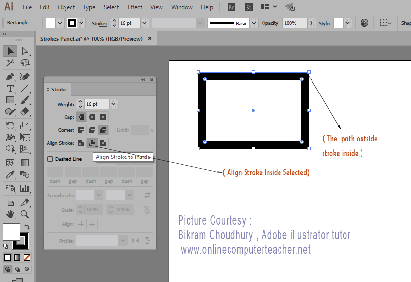 Align stroke inside- Stroke Panel in Adobe illustrator - onlinecomputerteacher.net