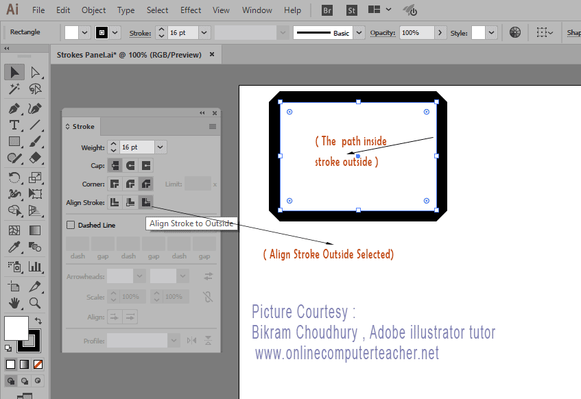 Align Strokes Outside- Stroke Panel in Adobe illustrator - onlinecomputerteacher.net