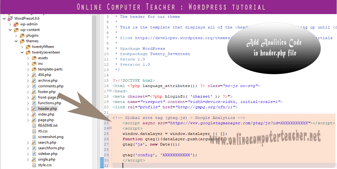 Add Google Analytics code in WordPress theme's header.php file